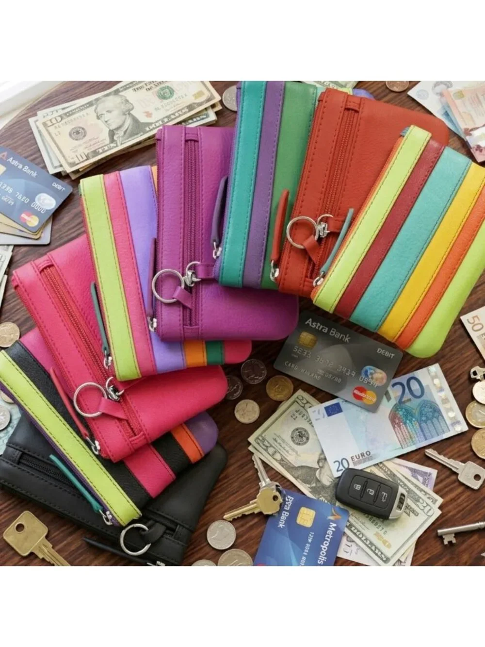 Compact Leather Coin Purse with Key Ring & RFID Protection - Travel & Everyday
